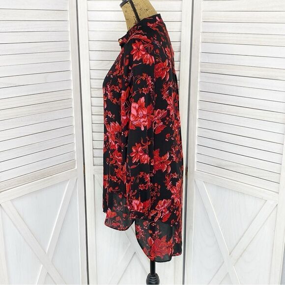 Joan Vass Floral High Low Button Front Blouse Black Red XS - Picture 2 of 14